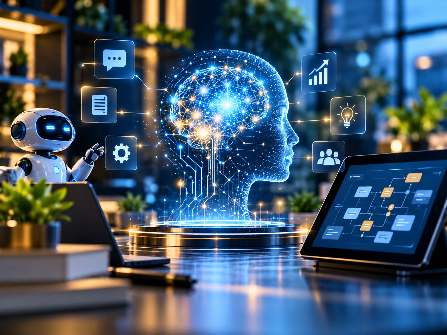 A glowing digital head made of connected points of light, surrounded by task icons, beside a small robot and a tablet showing a workflow