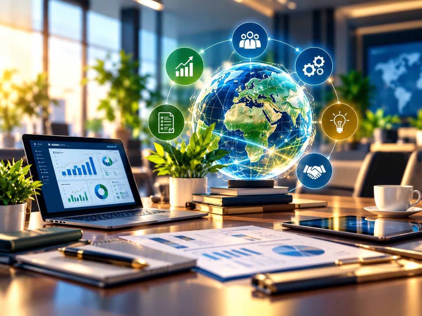 A glowing globe circled by business icons above a desk with a laptop showing charts and printed reports