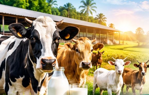 Dairy cows and goats on green farmland beside bottles of fresh milk