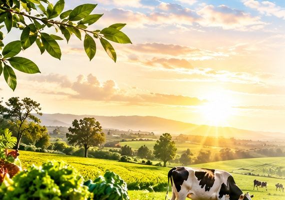Sunrise over green farmland with fresh vegetables and a grazing cow