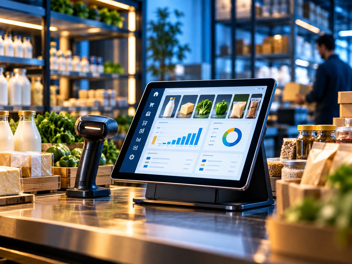 A tablet point-of-sale terminal and barcode scanner on a shop counter, with stocked shelves behind